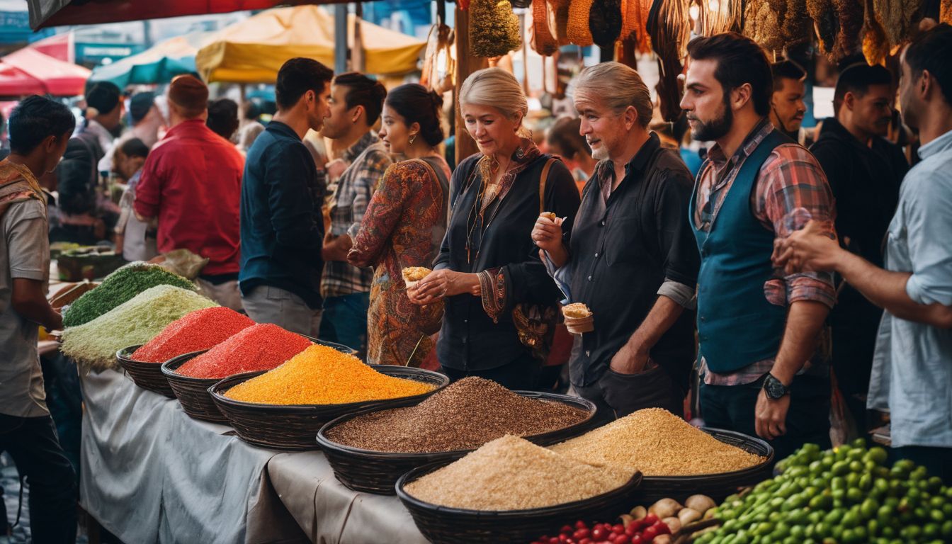 A diverse group of individuals wearing Fatua standing in a vibrant street market.