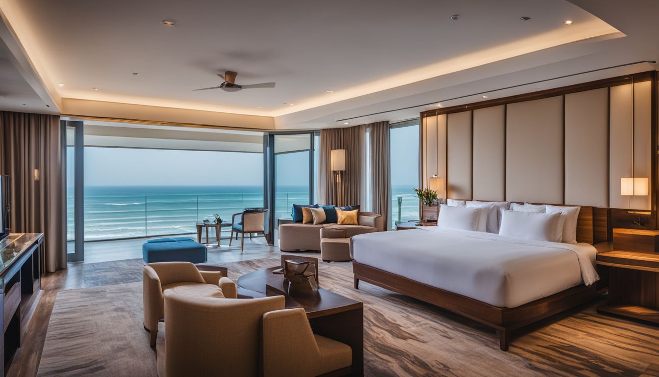 A luxurious hotel room with a panoramic view of Cox's Bazar beach in Cox's Bazar, Bangladesh.