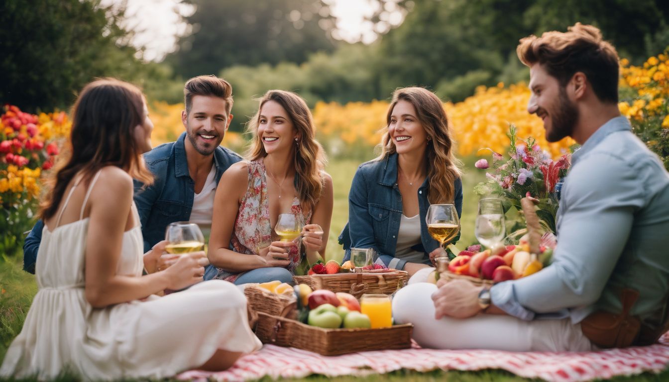 A diverse group of friends enjoy a picnic in a beautiful garden surrounded by colorful flowers.
