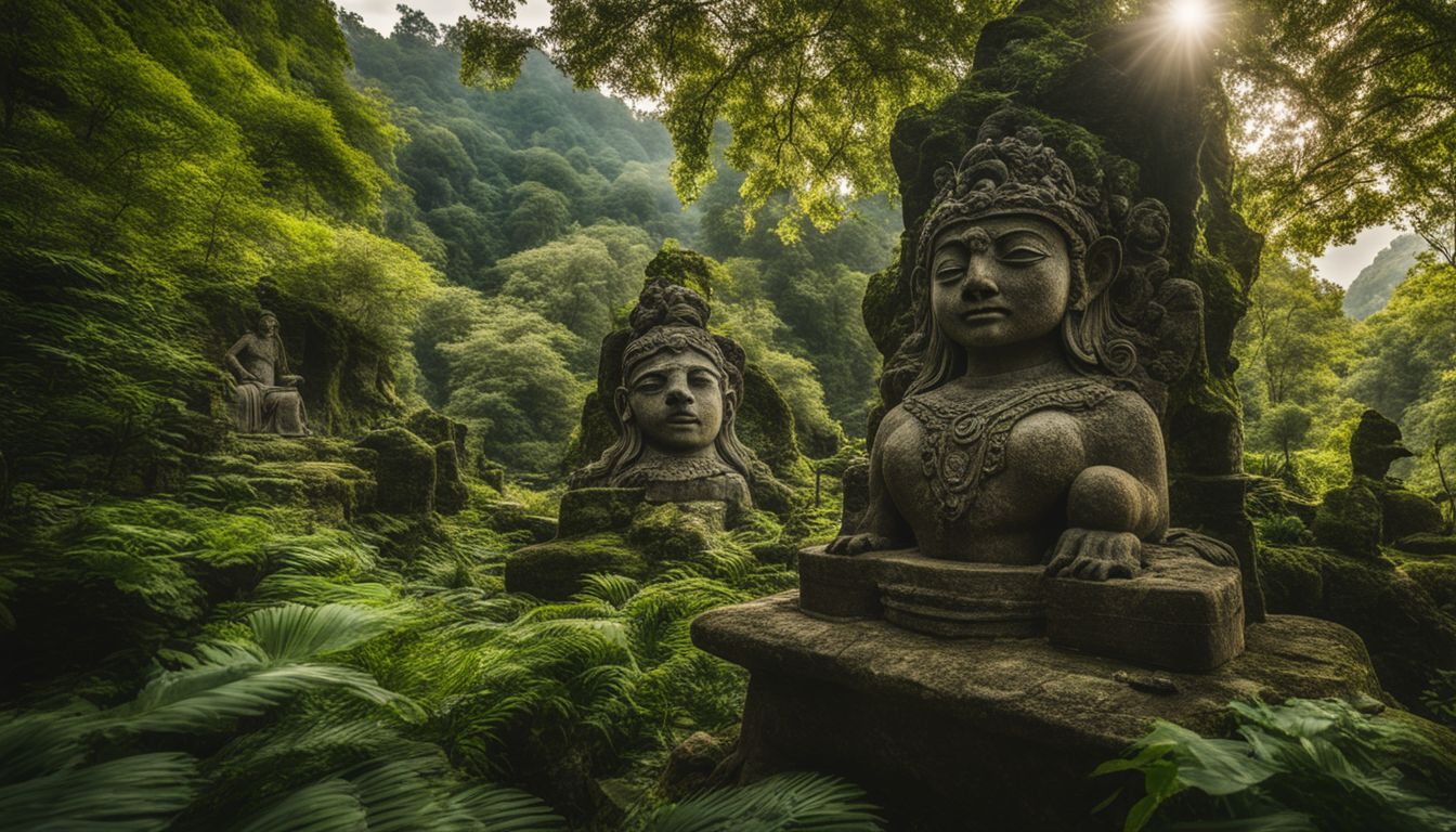 A photo showcasing ancient carved stone sculptures of mythical creatures surrounded by lush vegetation.