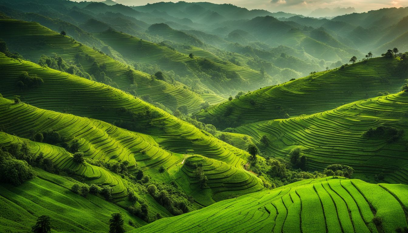 A stunning panoramic view of the lush green hills and valleys of Bangladesh.