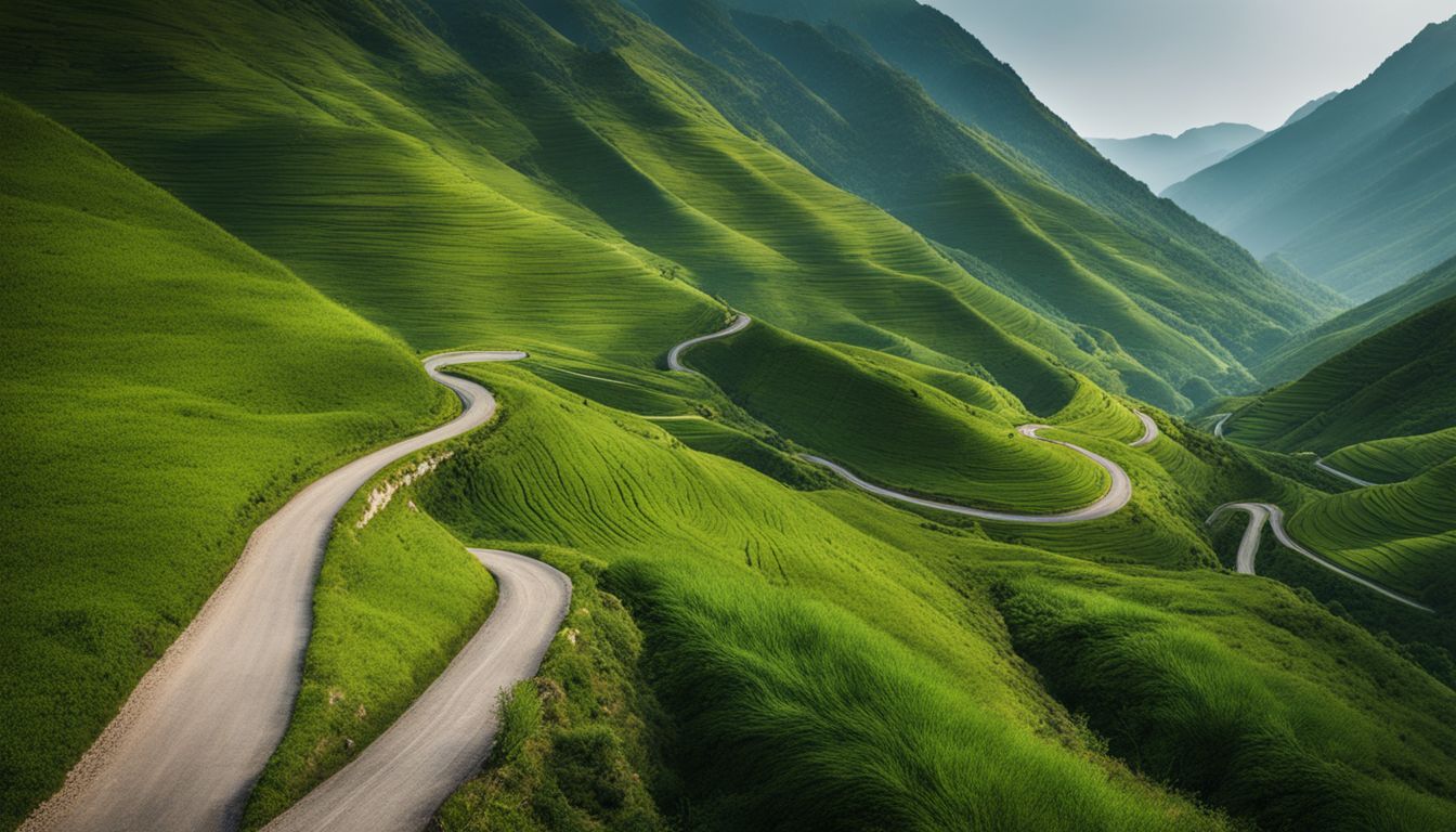 A photo of a winding road leading to Teknaf surrounded by lush green mountains with a bustling atmosphere.