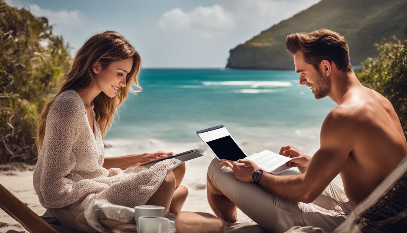 A man and woman read hotel reviews on a beach, surrounded by a lively atmosphere and stunning ocean view.