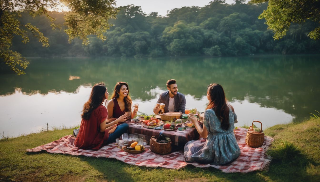 A diverse group of friends enjoy a picnic by the serene lakes of Hatirjheel surrounded by lush greenery.