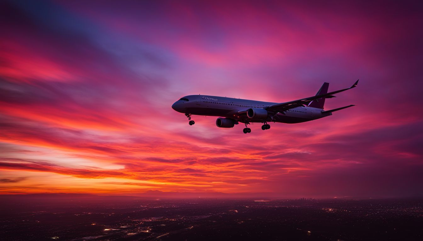 A captivating aerial photograph of an airplane flying through a colorful sunset sky, capturing the diversity of individuals onboard.