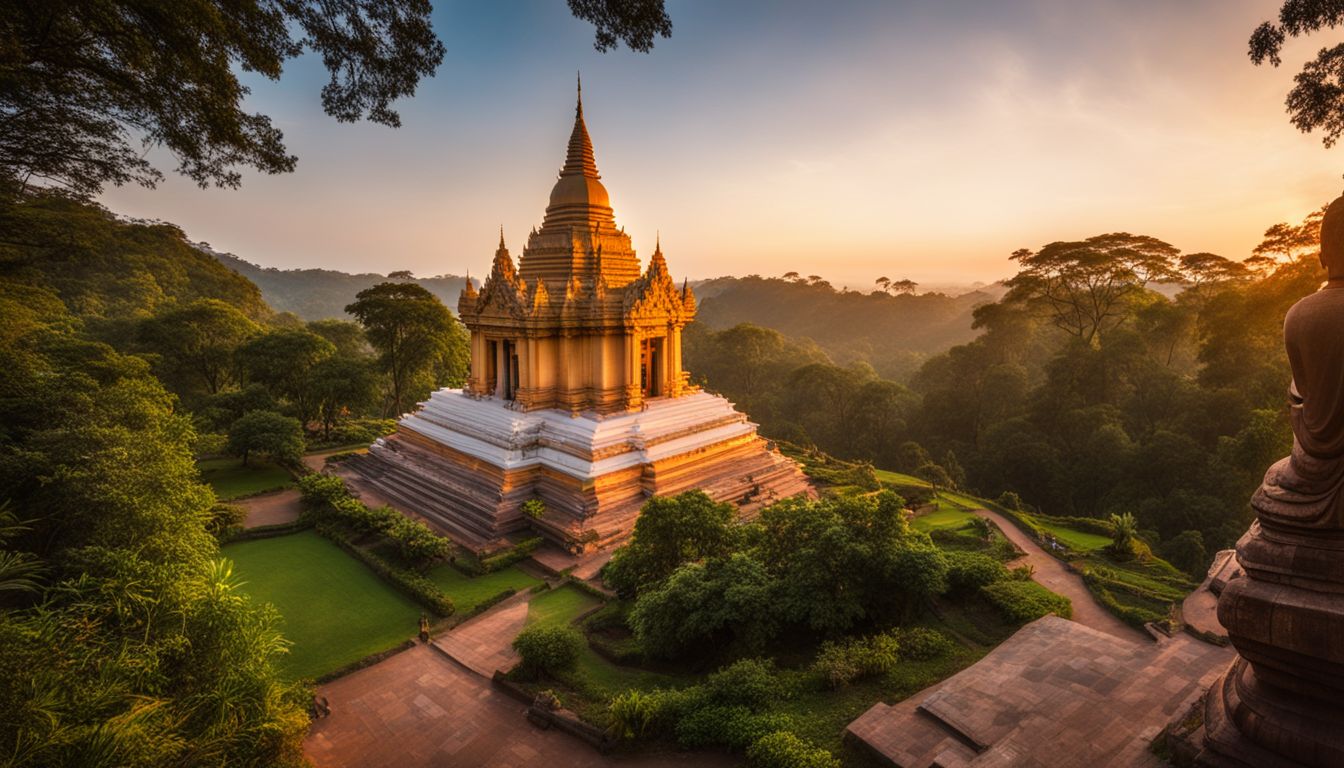 A photo of the central temple of Somapura Mahavihara surrounded by lush greenery at sunset.