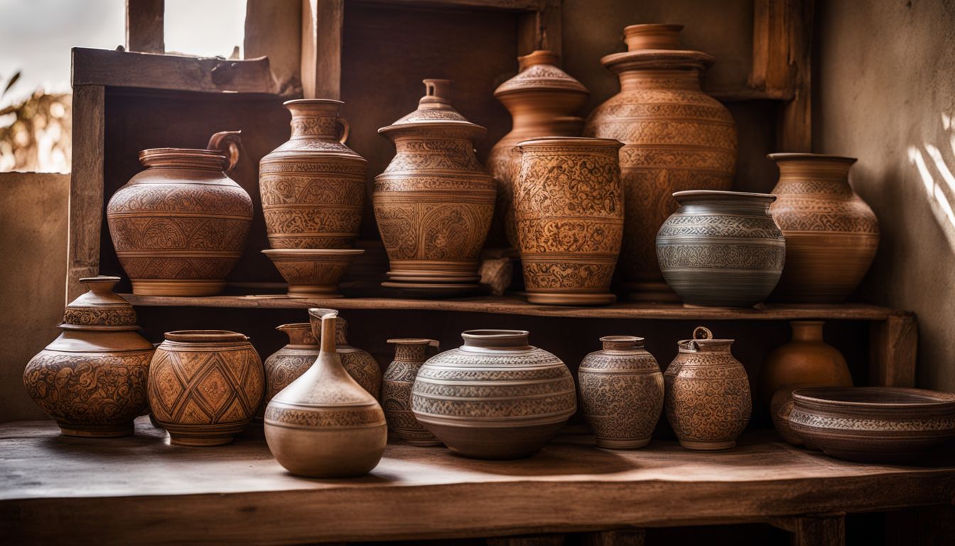 A photo of Traditional Bangladeshi pottery showcasing intricate designs, different people, and a bustling atmosphere.