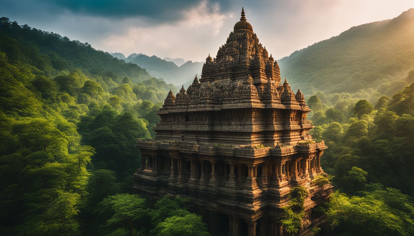 A breathtaking Hindu temple hidden in a lush green forest, surrounded by flowing rivers, captured in stunning detail.