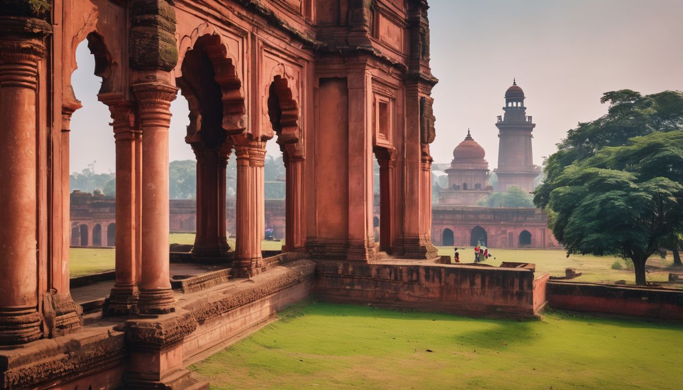 A group of tourists exploring the ancient ruins of Lalbagh Fort in a bustling atmosphere.