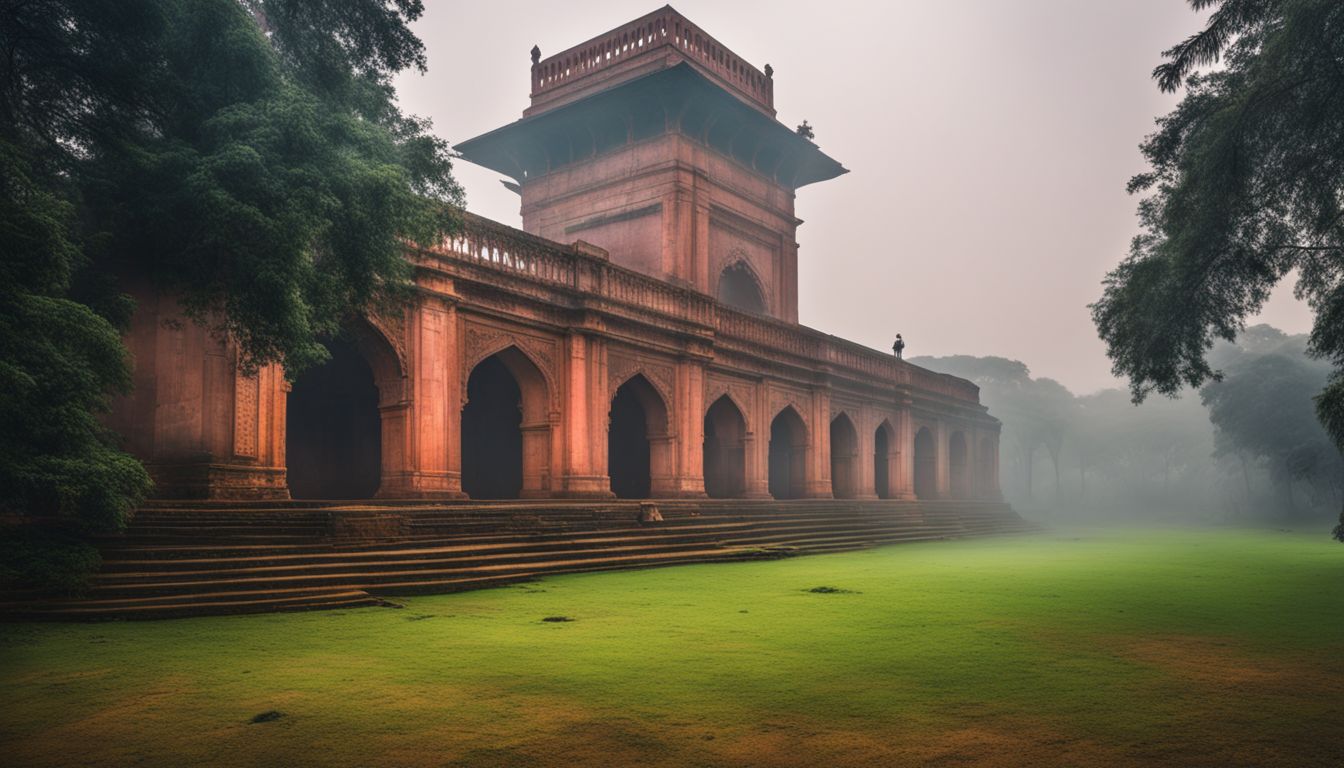 The ancient ruins of Lalbagh Fort surrounded by misty woods, captured in a well-lit, cinematic landscape photograph.