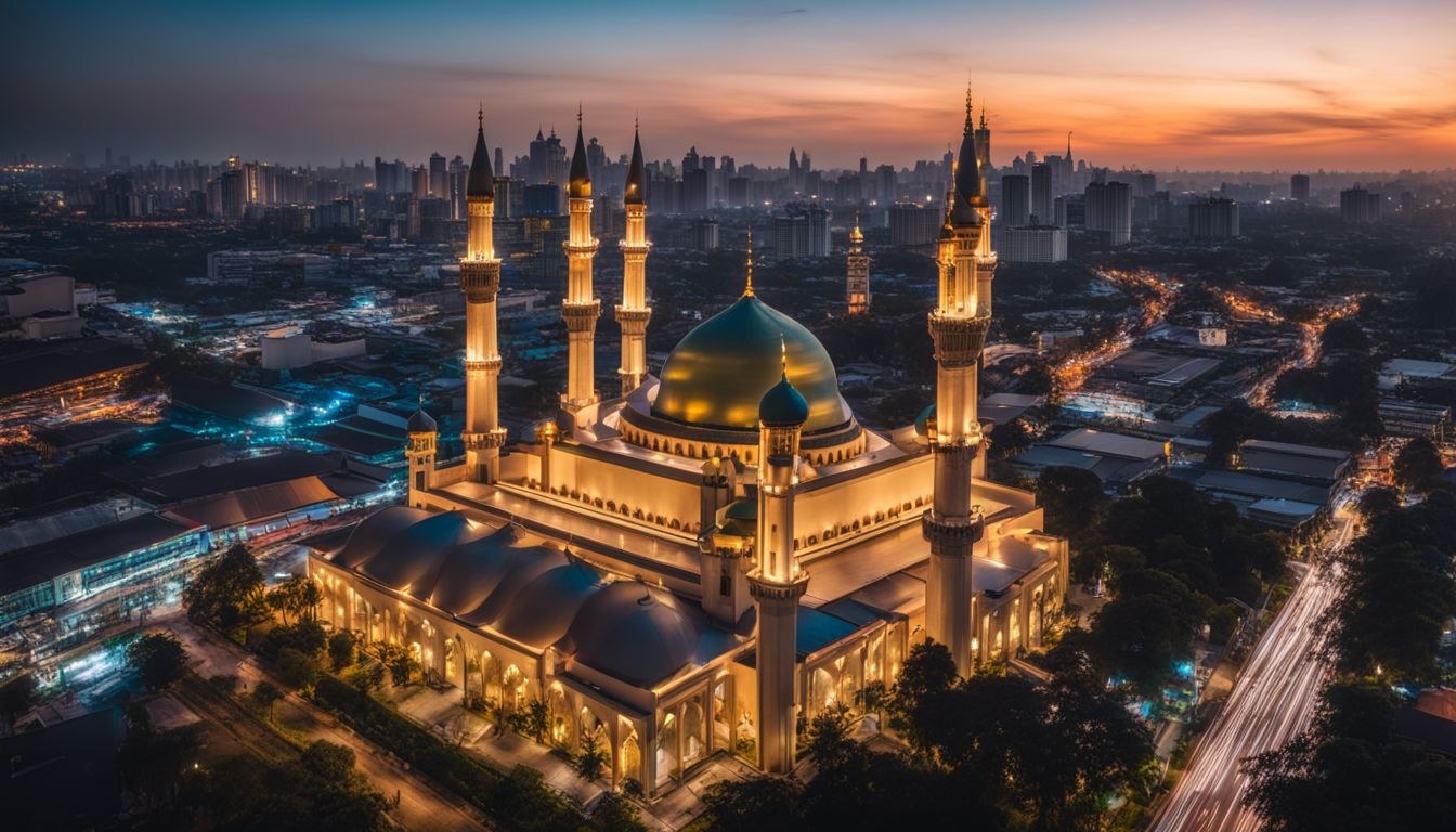 A photo of the Baitul Mukarram Mosque surrounded by a bustling cityscape at dusk.