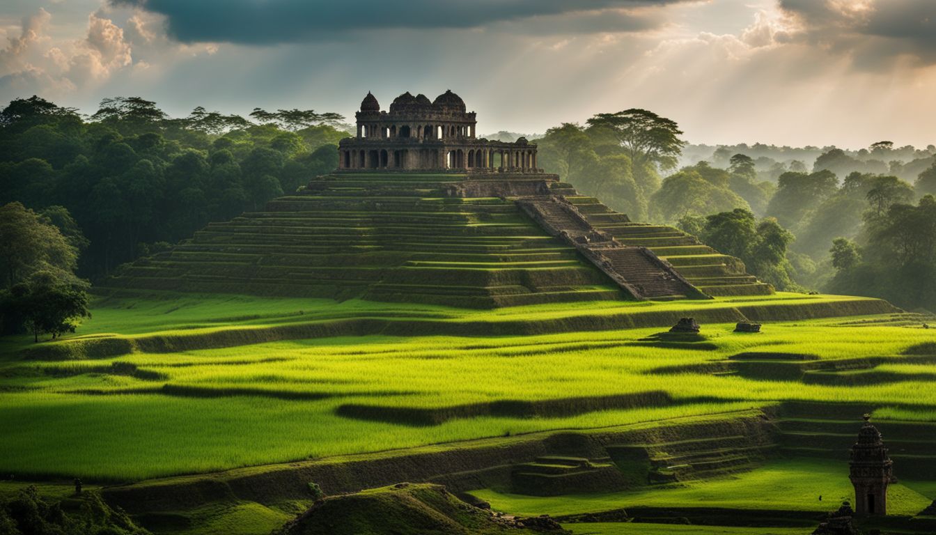 A photograph of ancient ruins in Bangladesh surrounded by vibrant green fields, capturing the bustling atmosphere and diverse individuals.