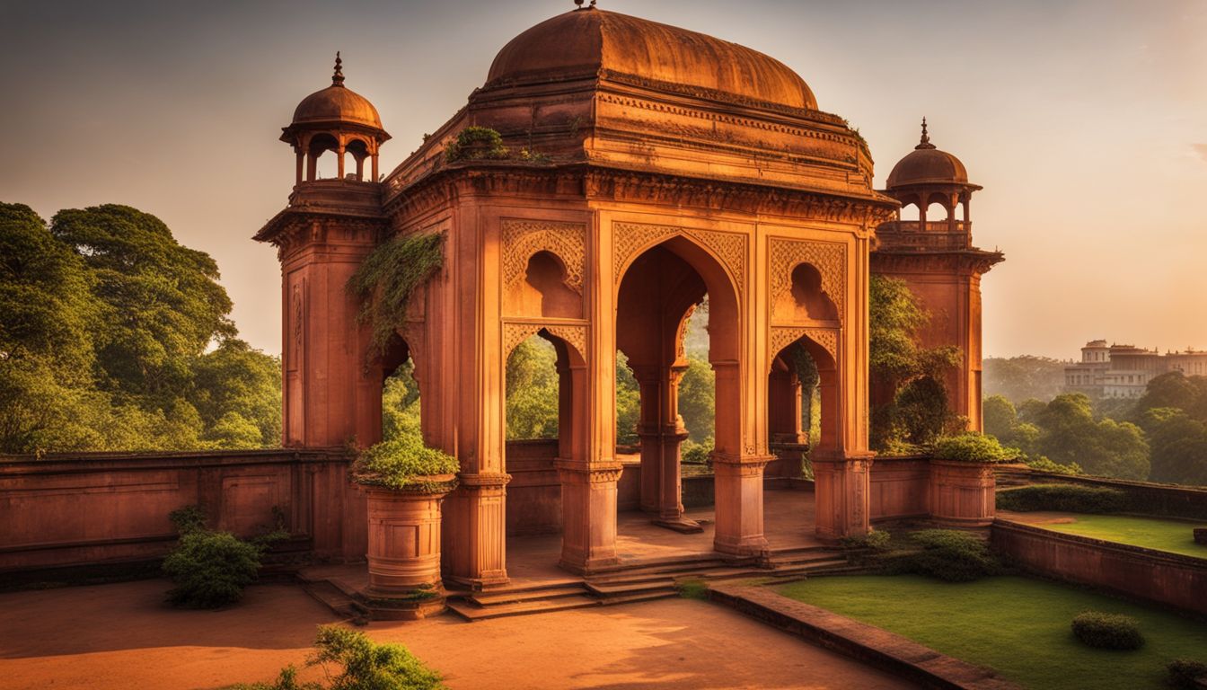 A photo of an ancient architectural detail of Lalbagh Fort surrounded by lush gardens and bathed in golden sunlight.
