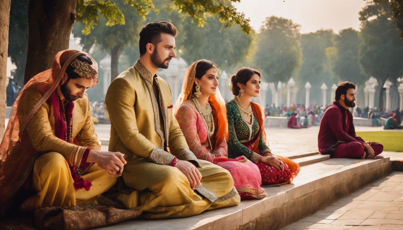 A diverse group of people dressed in traditional Mughal attire posing on a marble bench in a bustling park.