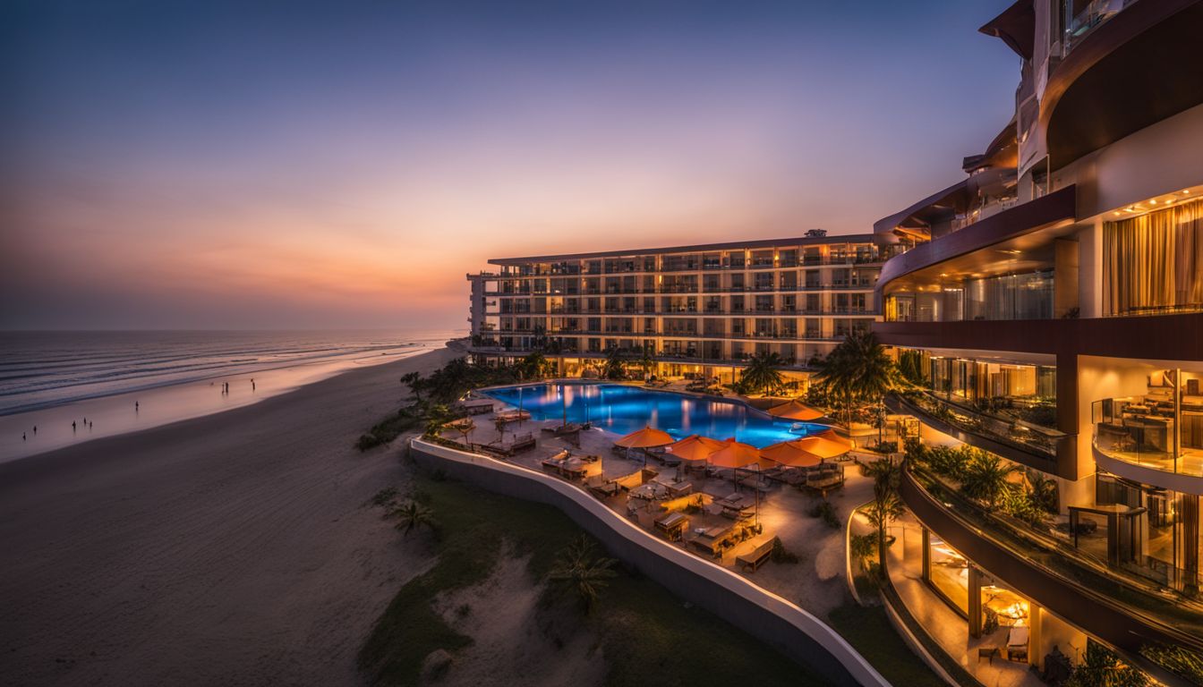 A photo of Hotel Sea Crown at sunset, overlooking Cox's Bazar beach with a bustling atmosphere and stunning views.