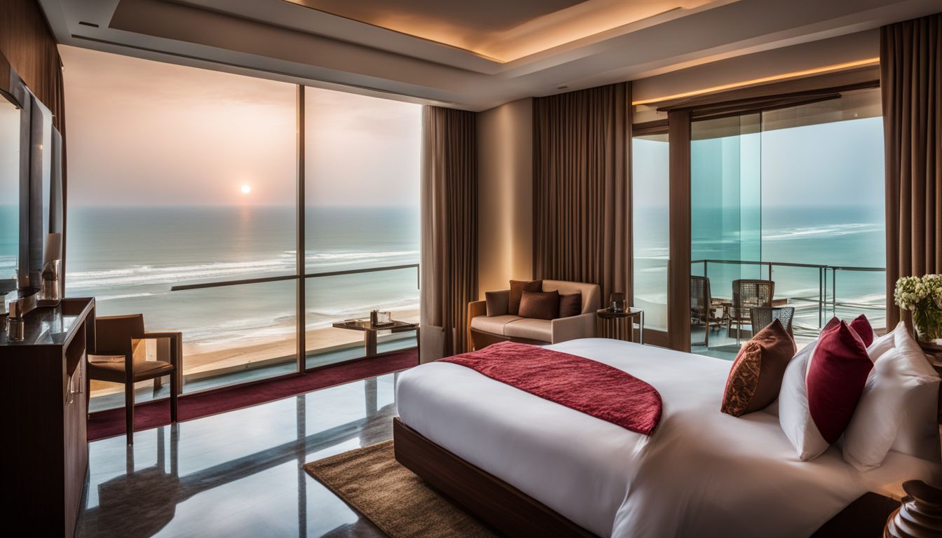 A stunning view of a luxurious hotel room overlooking the beautiful coastline of Cox's Bazar.
