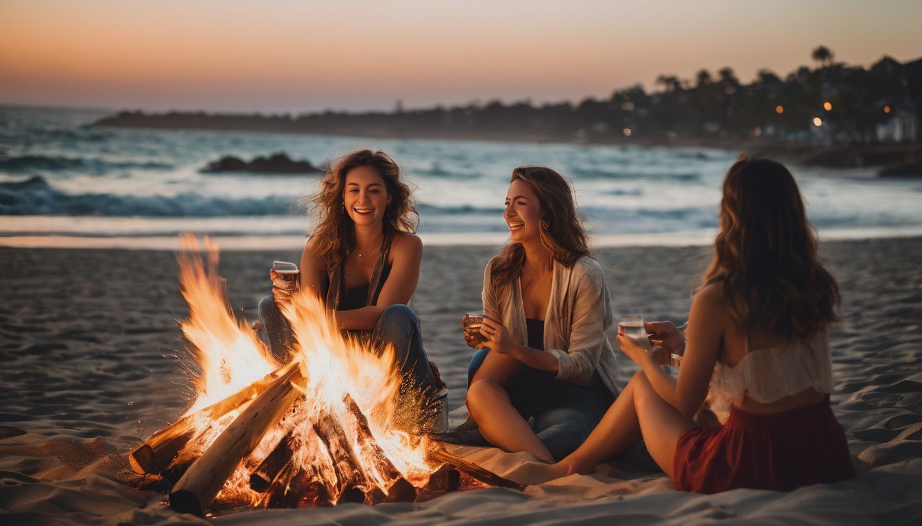 A diverse group of friends having a beach bonfire and capturing the moment with high-quality photography equipment.