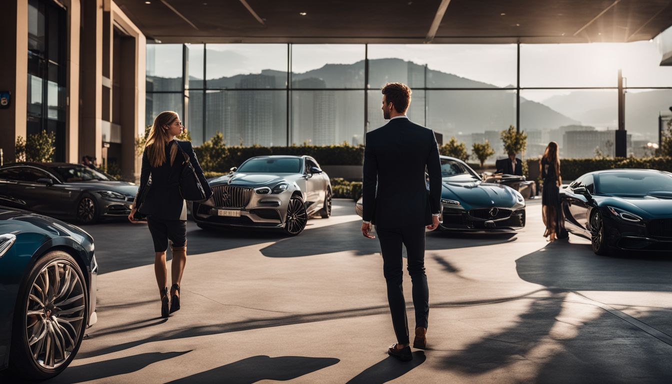 A photo of a luxury car in a hotel parking lot with a diverse group of people and a bustling city backdrop.