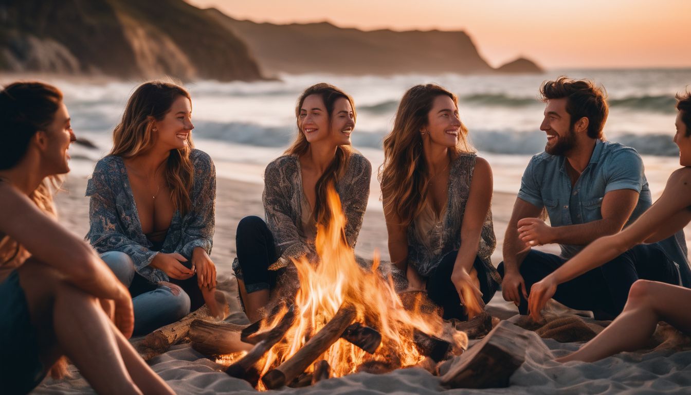A diverse group of friends enjoy a beach bonfire at sunset, captured in a photorealistic and vibrant style.