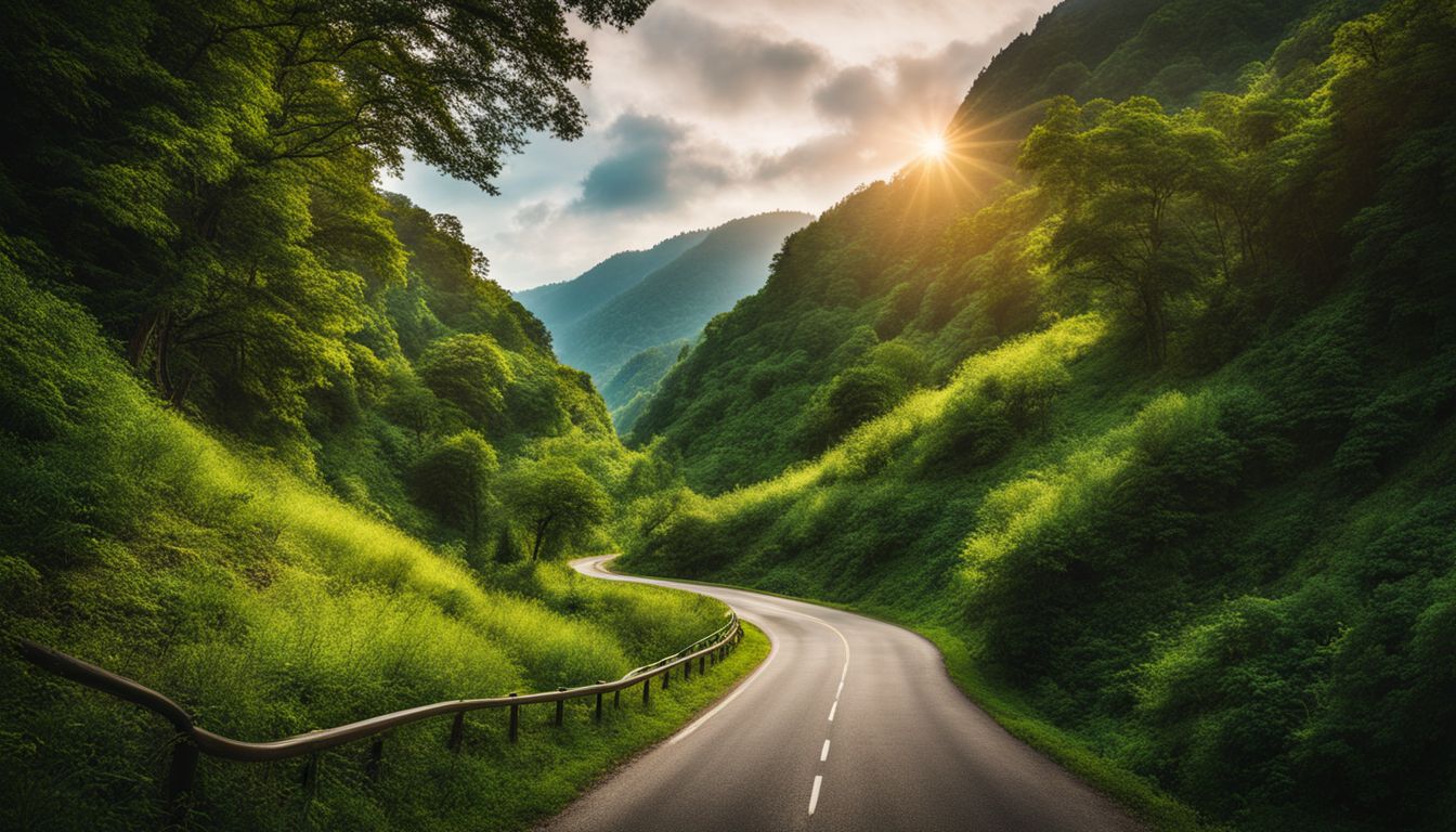 A photo of a winding road through lush green hills surrounded by dense forests, capturing the beauty of nature.