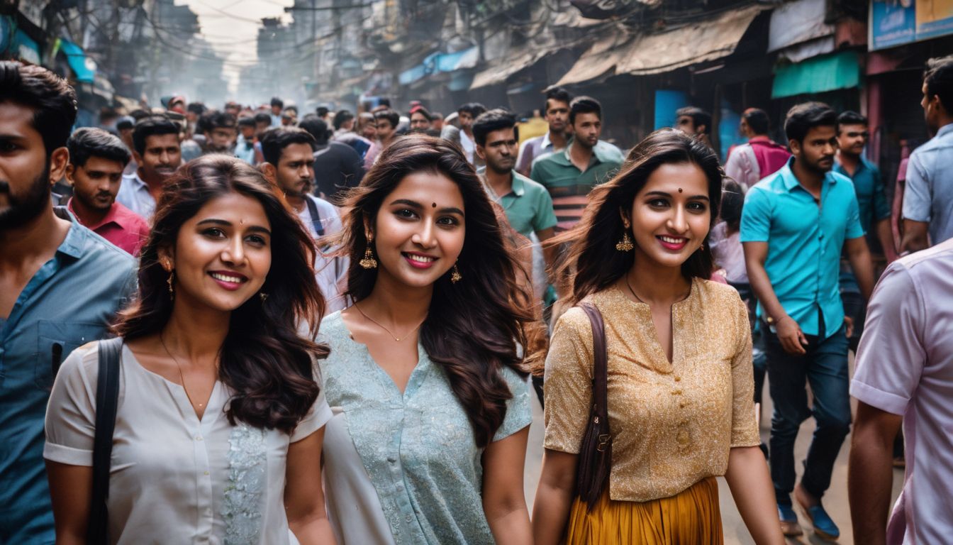 A diverse group of friends explore the bustling streets of Dhaka in a captivating cityscape photograph.