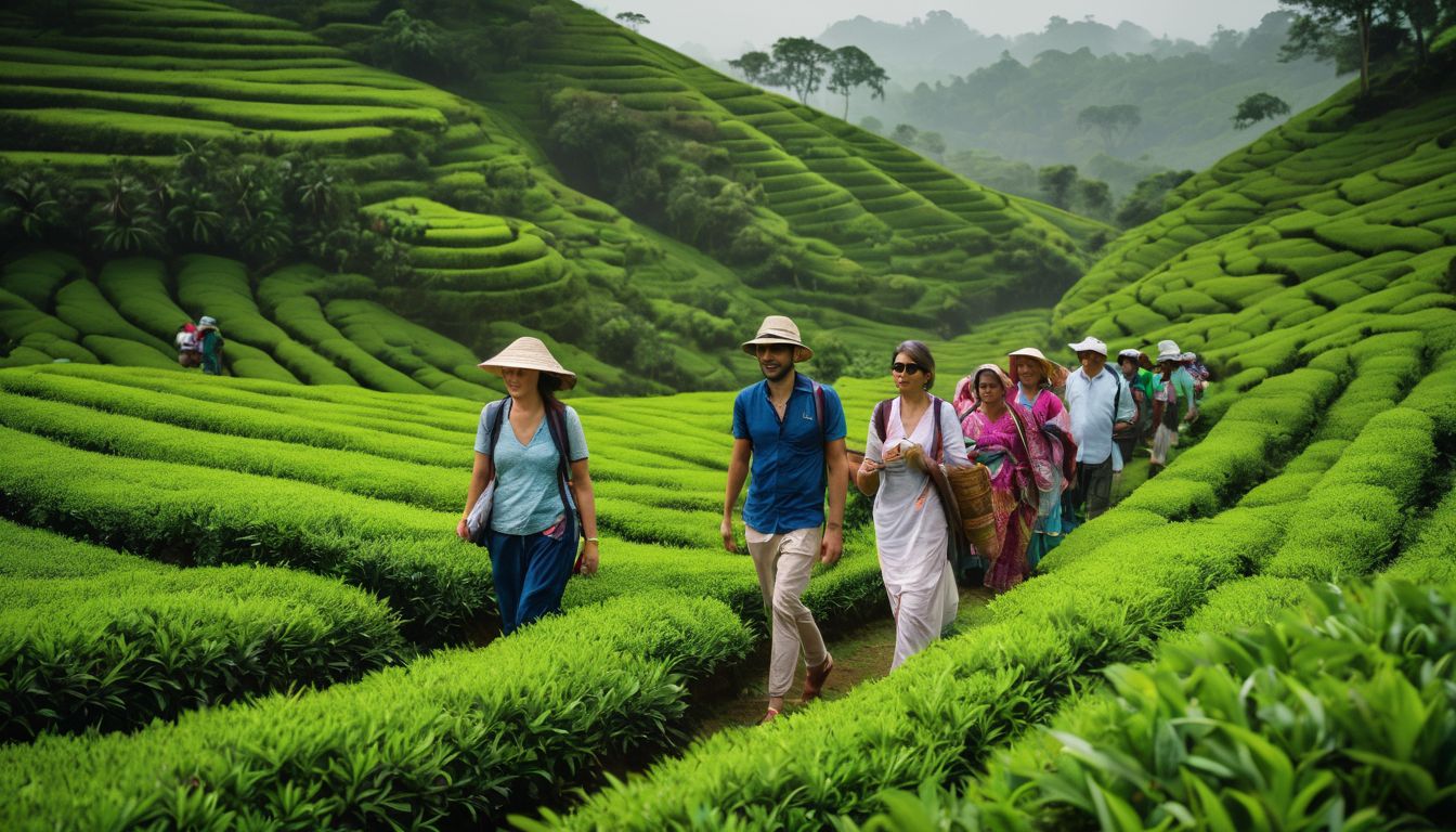 A group of diverse tourists exploring the lush green tea gardens of Bangladesh.