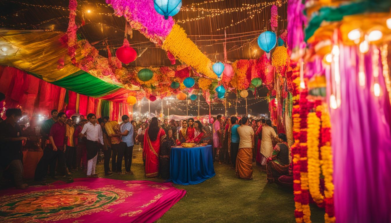 A vibrant celebration of Pohela Boishakh featuring colorful decorations, traditional food, and a bustling atmosphere.