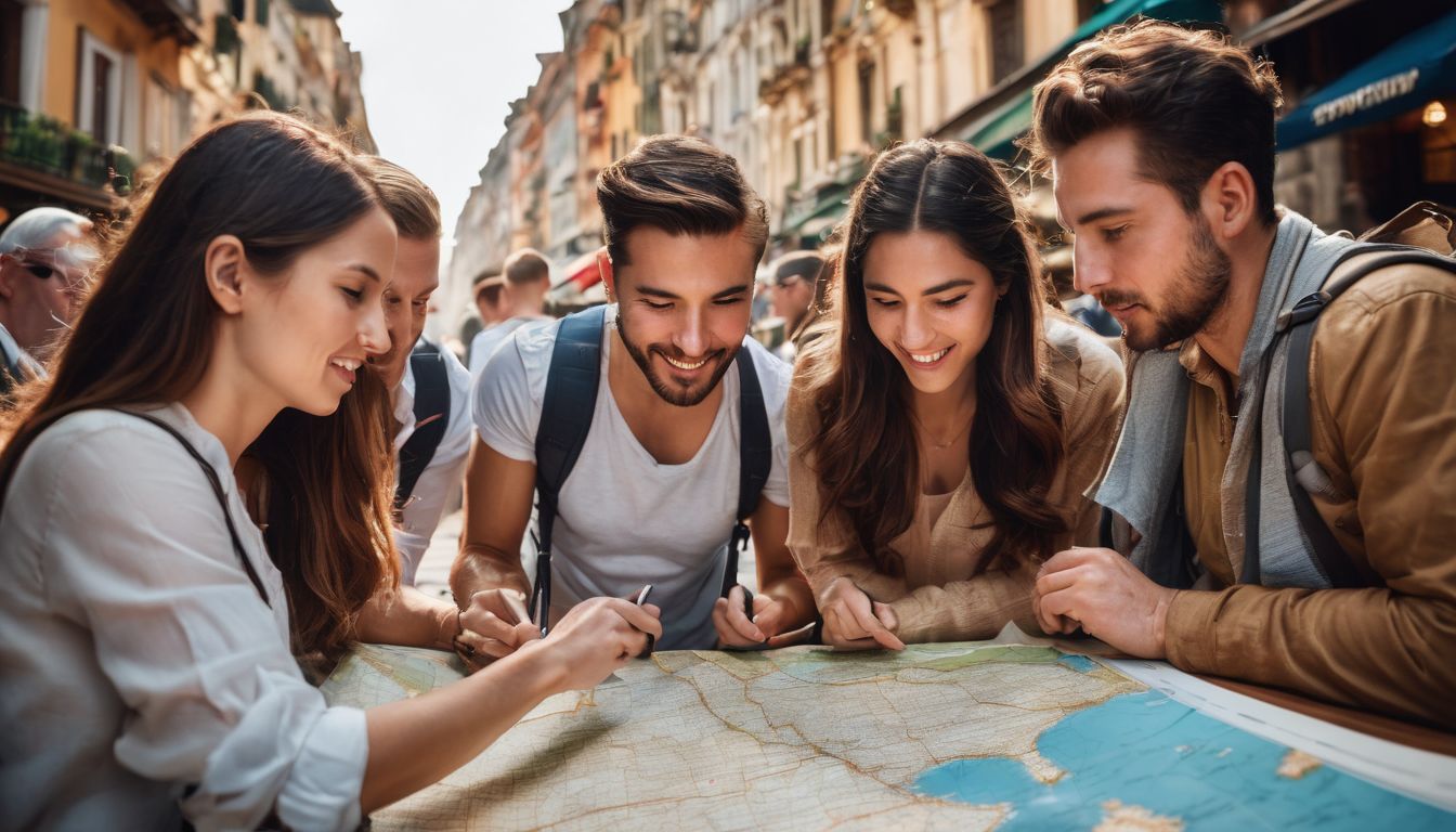 A diverse group of tourists consult a map surrounded by iconic landmarks in a bustling cityscape.