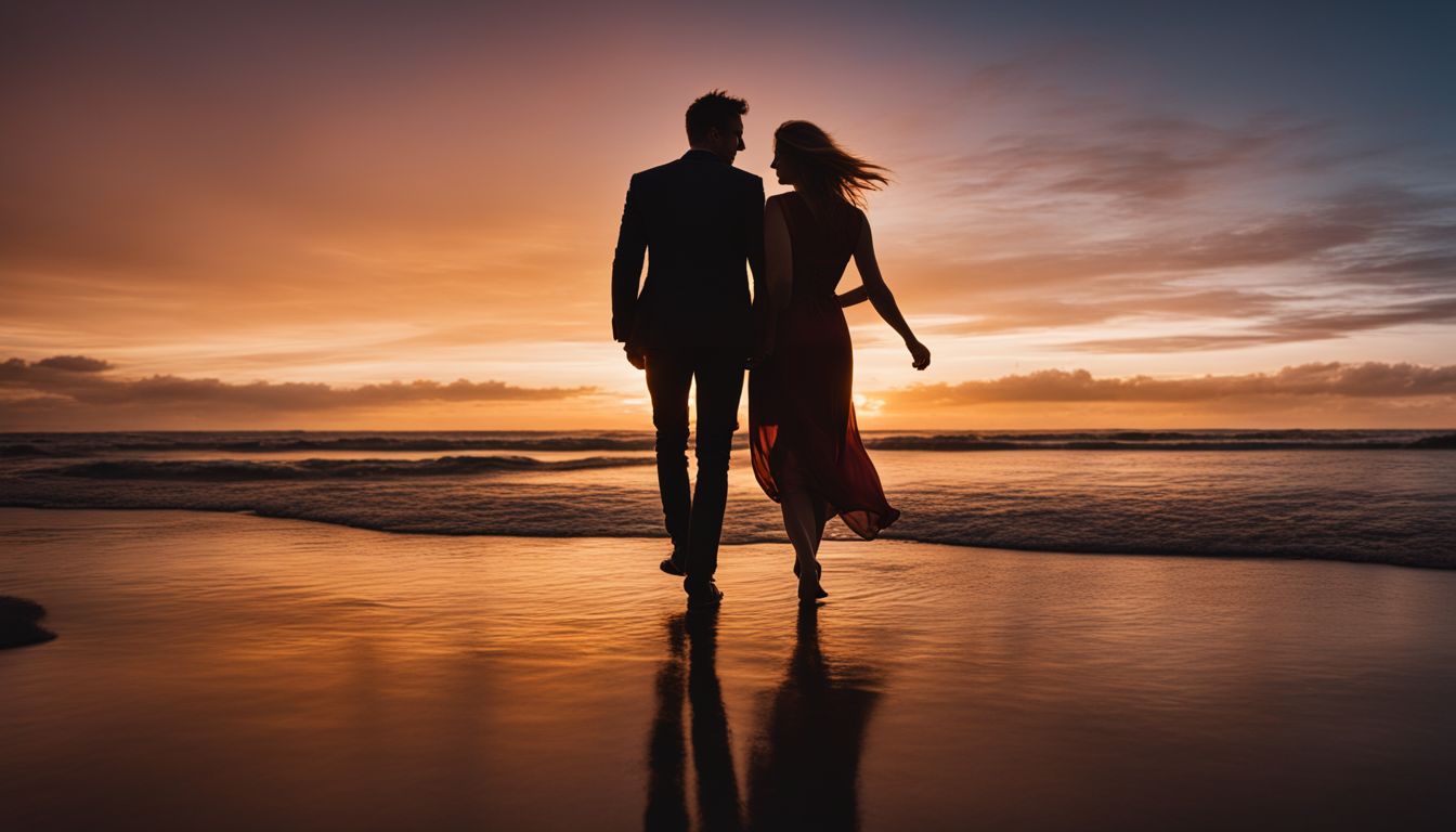 A couple walks hand in hand along the shoreline at sunset in a bustling atmosphere.