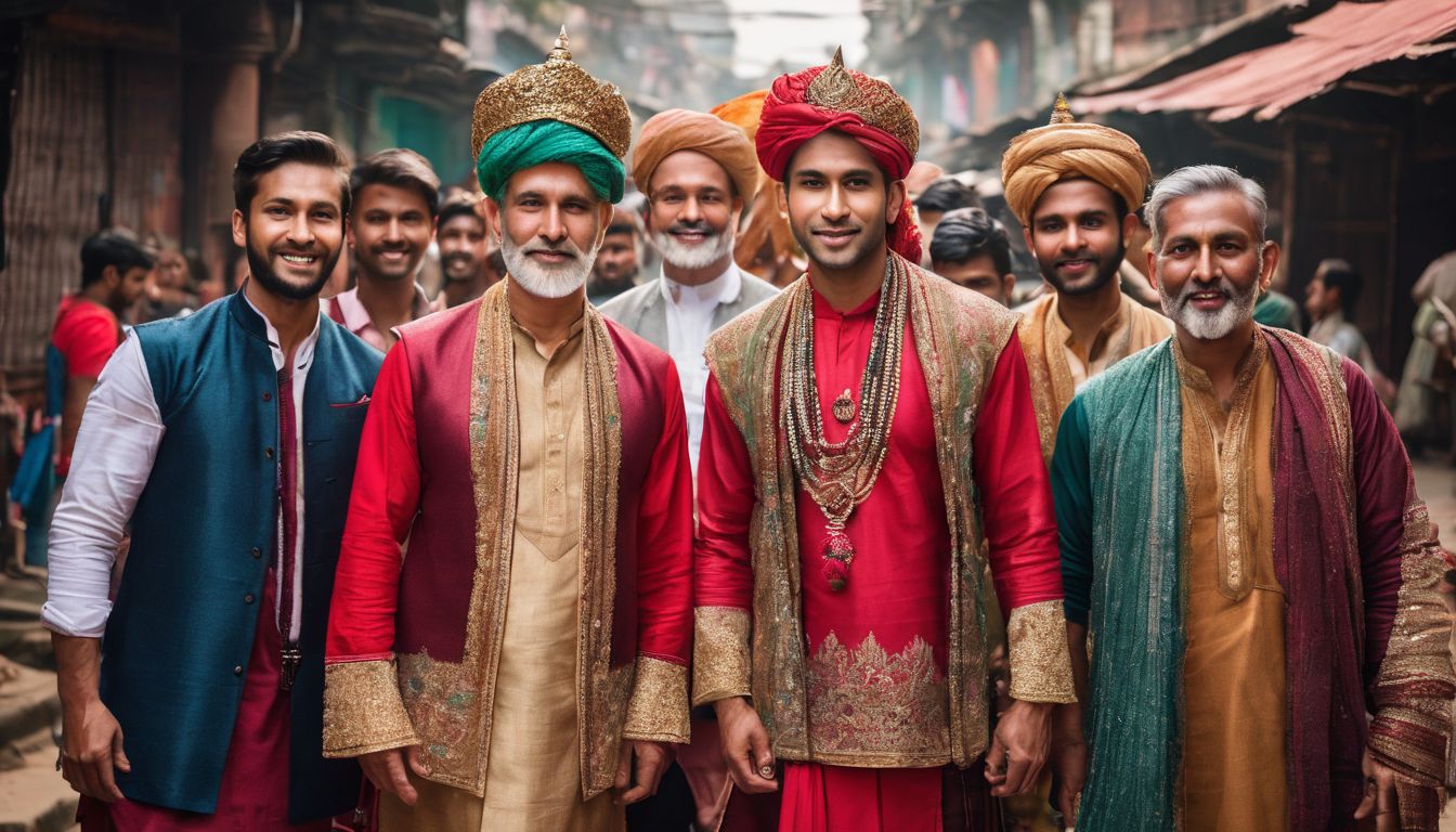A group of men in traditional Bangladeshi attire posing in a bustling cityscape with a mix of British-influenced clothing elements.