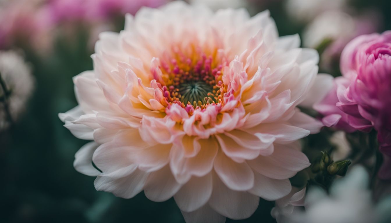 A close-up of a blooming flower in a beautifully arranged bouquet, captured with high-quality equipment and showcased in a vibrant, lively atmosphere.