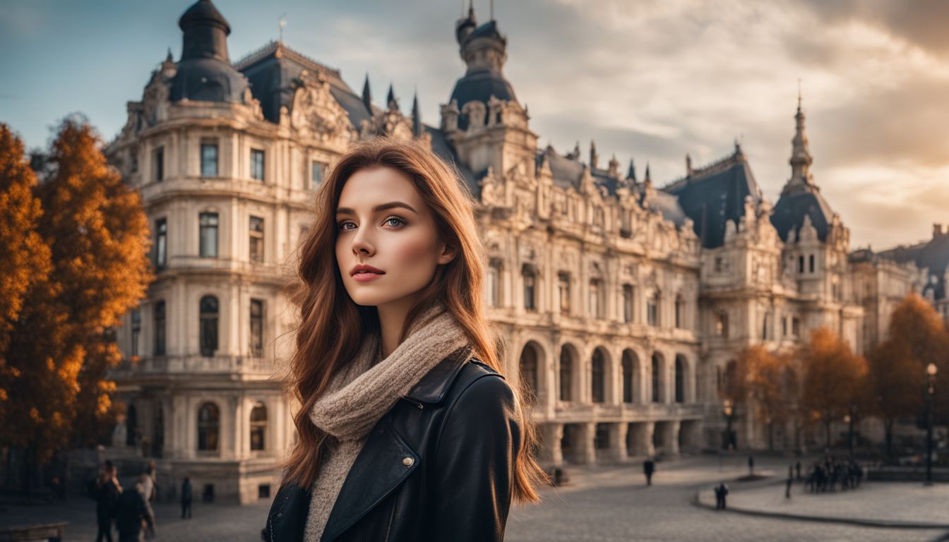 A young woman posing in front of a detailed European-style building, showcasing different faces, hair styles, and outfits.