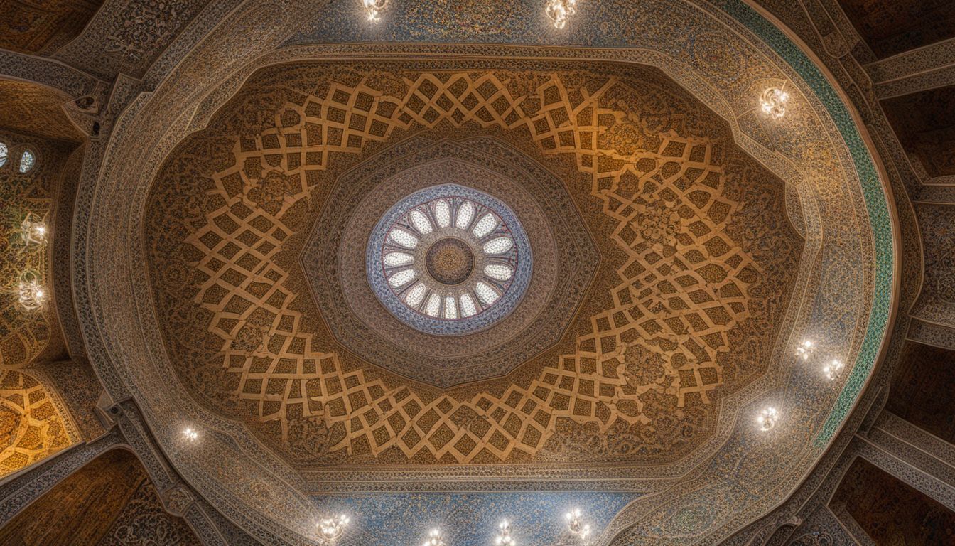 The photo showcases the stunning interior design of Baitul Mukarram Mosque with intricate mosaic patterns.