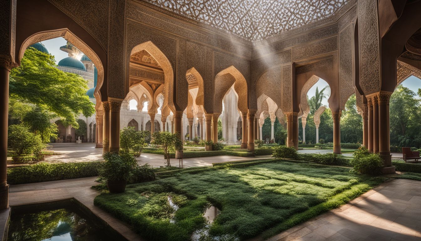 A stunning mosque with intricate architectural details and beautiful surrounding gardens.