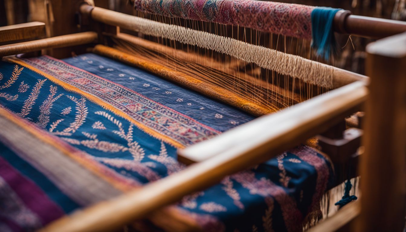 A photo showcasing intricate patterns of Jamdani fabric displayed on a wooden loom in a bustling atmosphere.