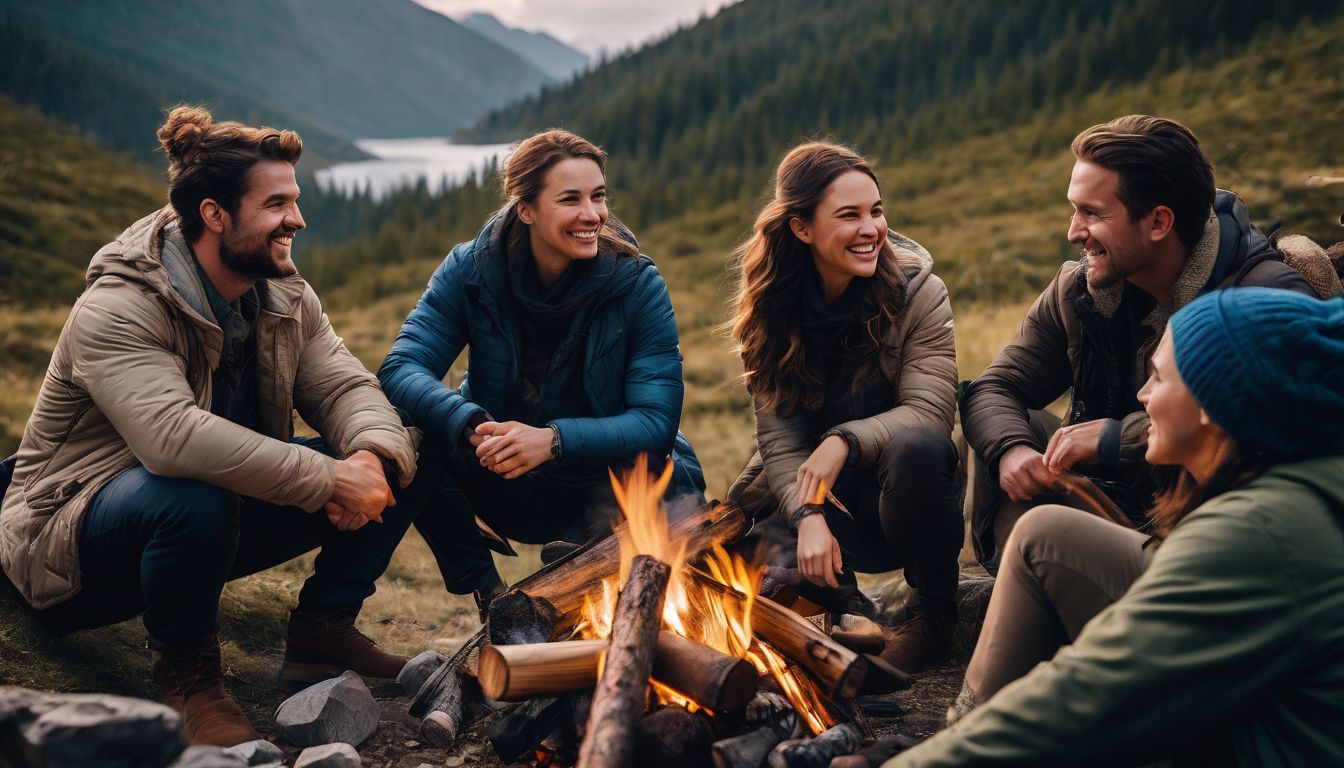 A diverse group of travelers share stories around a campfire in nature.