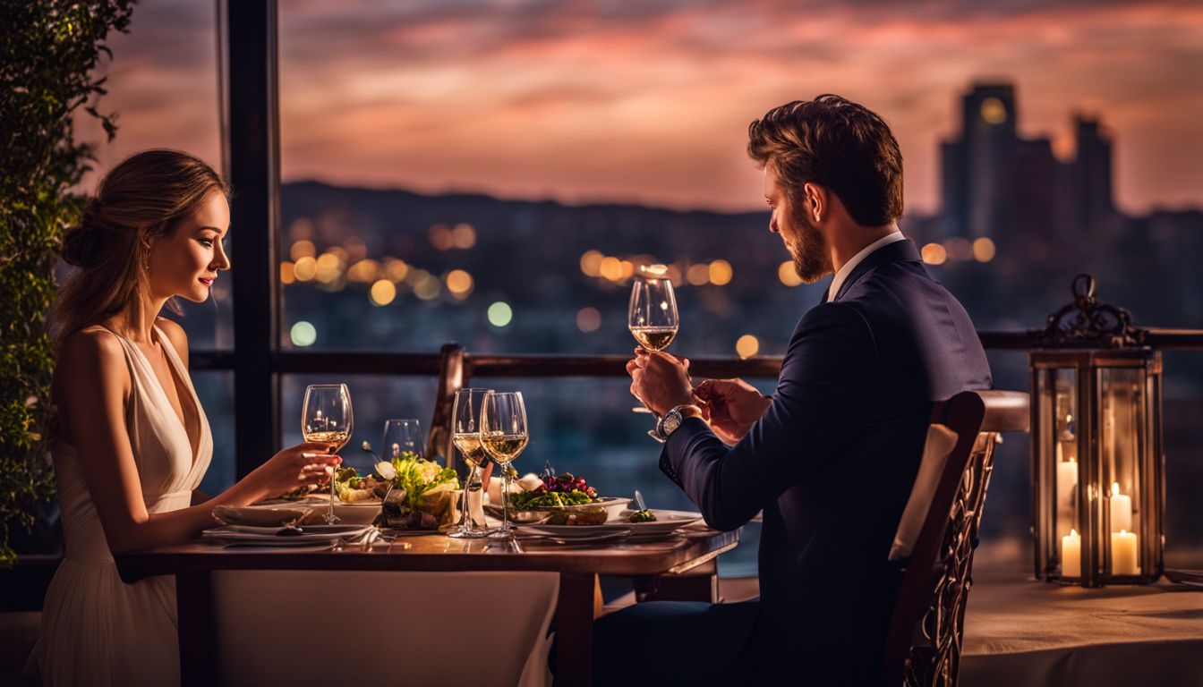 A couple enjoys a romantic dinner at Karabi Lodge's rooftop restaurant overlooking the cityscape.