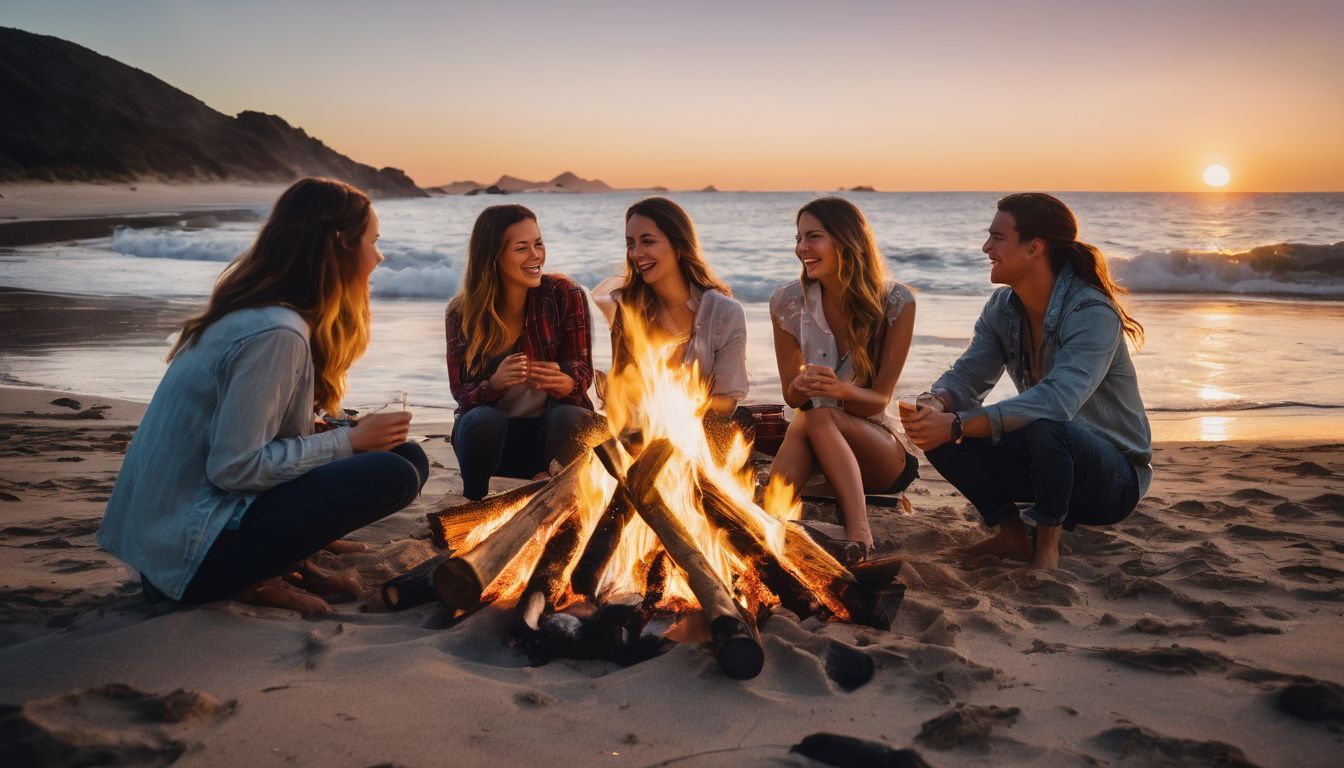 A diverse group of friends enjoy a bonfire on a sandy beach at sunset.