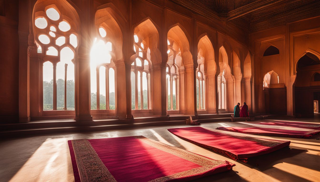 A photo capturing the bustling atmosphere of the prayer hall in Lalbagh Fort Mosque.