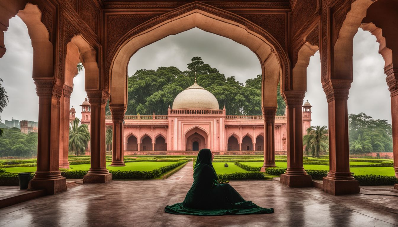 A photograph of Lalbagh Fort Mosque surrounded by lush green gardens and a bustling atmosphere.