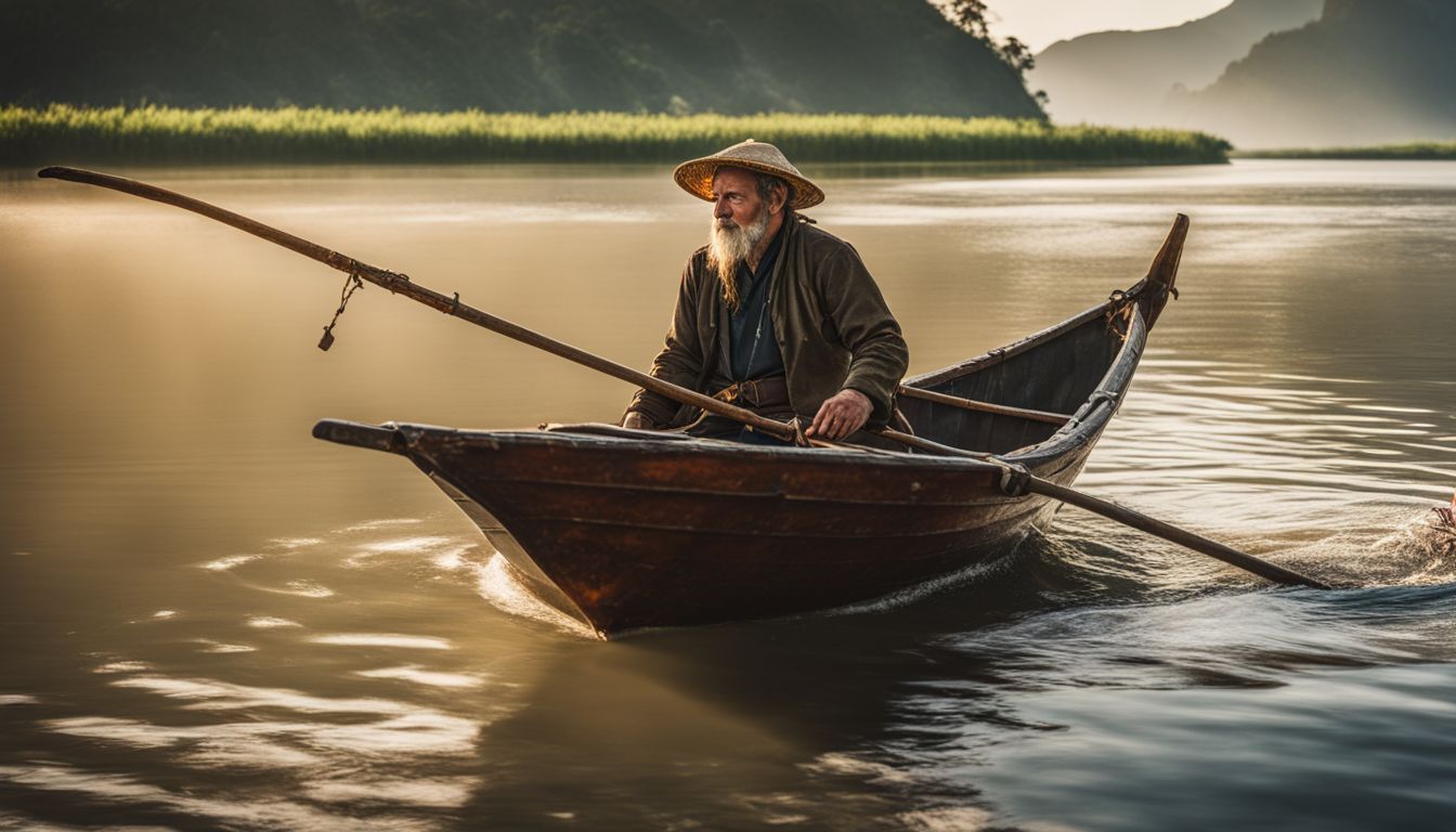 A fisherman in a traditional boat navigating through a bustling river delta.