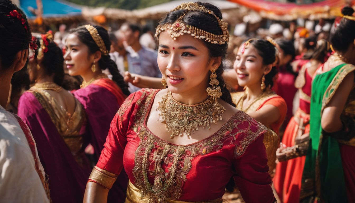 A diverse group of people participate in a traditional dance at a cultural festival.