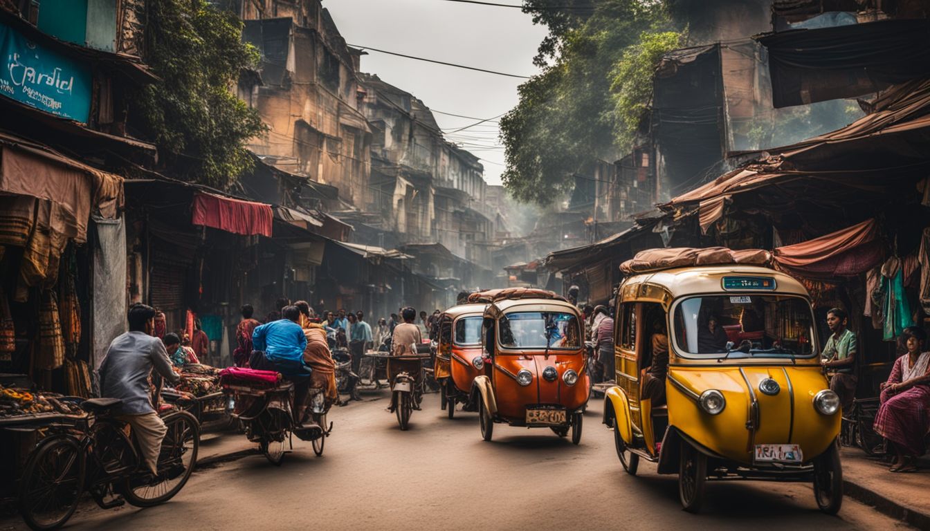 A vibrant cityscape of Old Dhaka showcasing its bustling streets filled with rickshaws and diverse individuals.