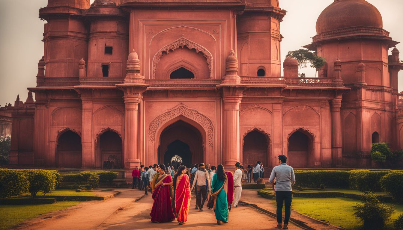 A photo of Lalbagh Fort exterior with visitors exploring the grounds in different outfits and hairstyles.