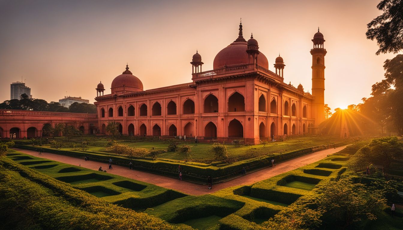 A stunning panoramic view of Lalbagh Fort and its surrounding gardens during golden hour, capturing the bustling atmosphere and beautiful scenery.