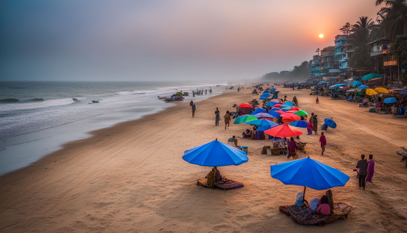 A vibrant and bustling beach scene at Cox's Bazar, with colorful umbrellas and clear blue water.