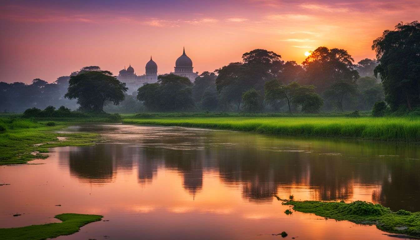 A vibrant sunrise over the Ghaghat river with the Rangpur City skyline and lush green fields.