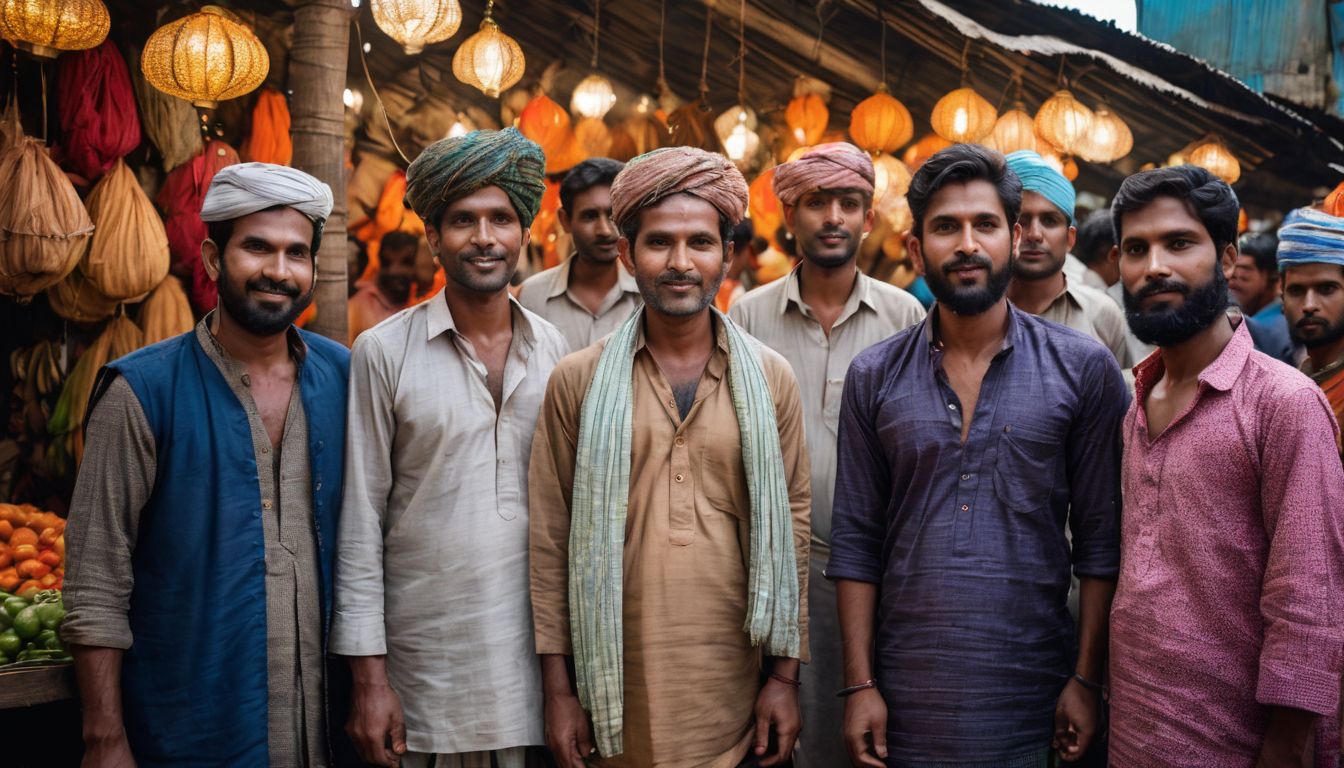 A group of Bangladeshi men wearing traditional lungis in a busy market.