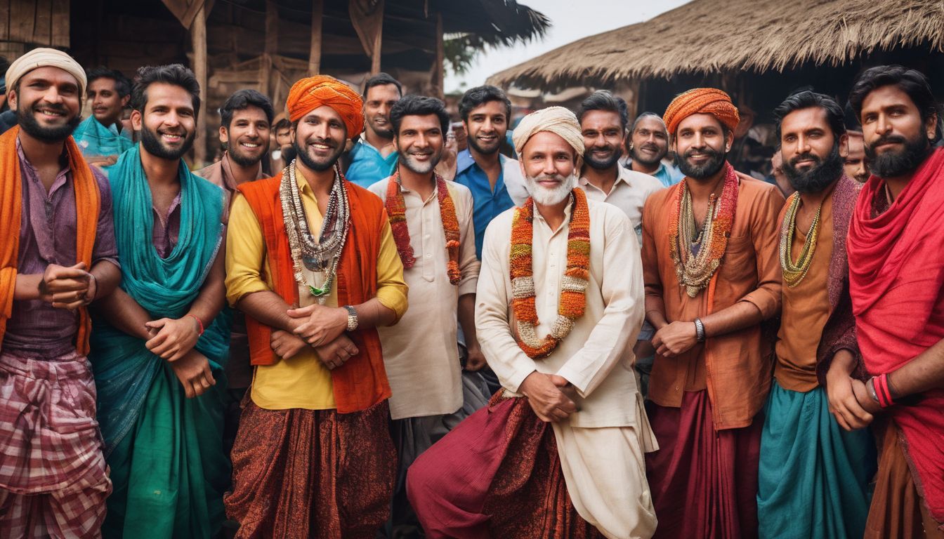 A vibrant group of men clad in colorful lungis gather in a village square, showcasing Bangladeshi culture.