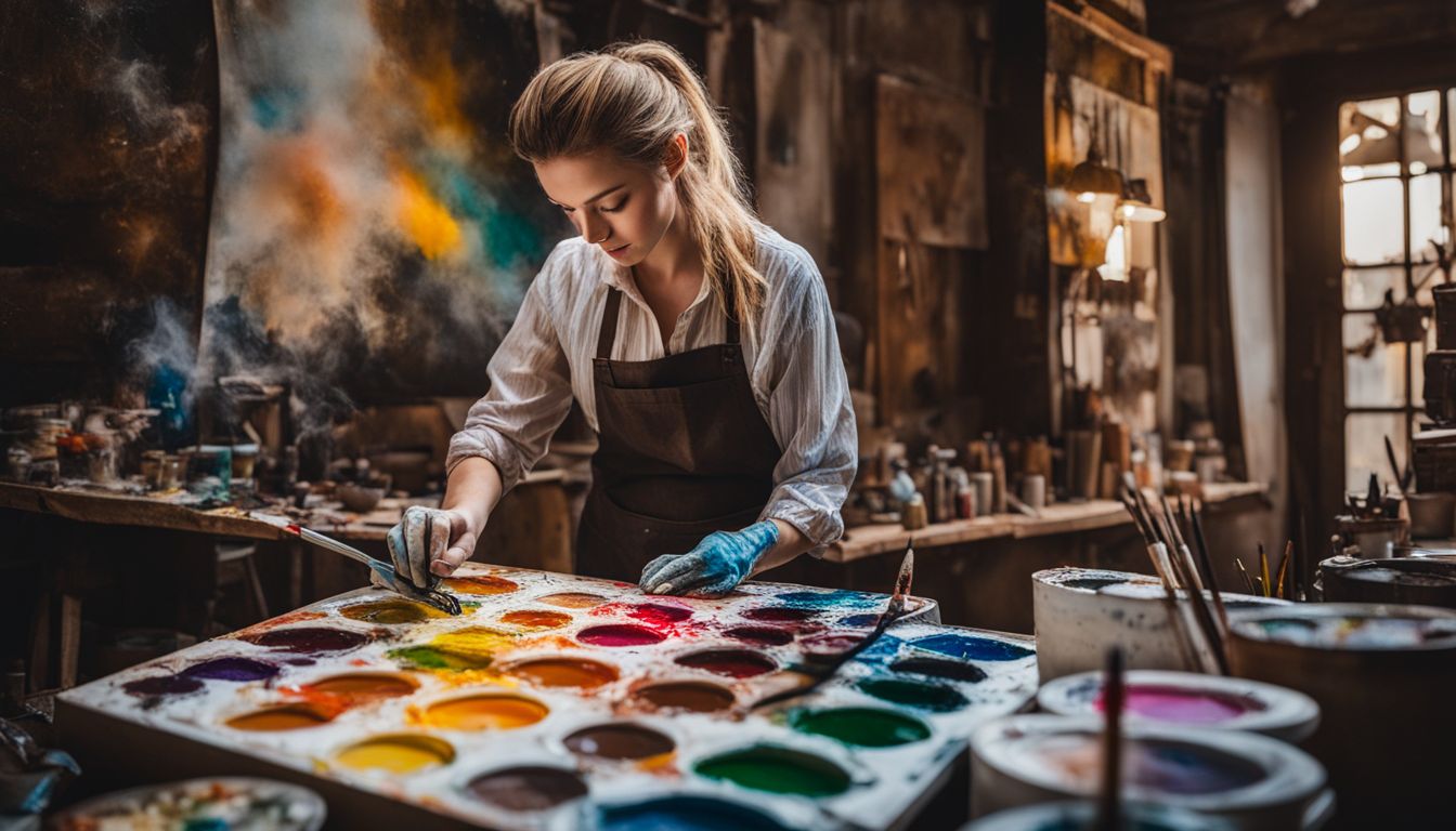 A painter is seen mixing colors on a palette surrounded by art supplies in a busy studio.